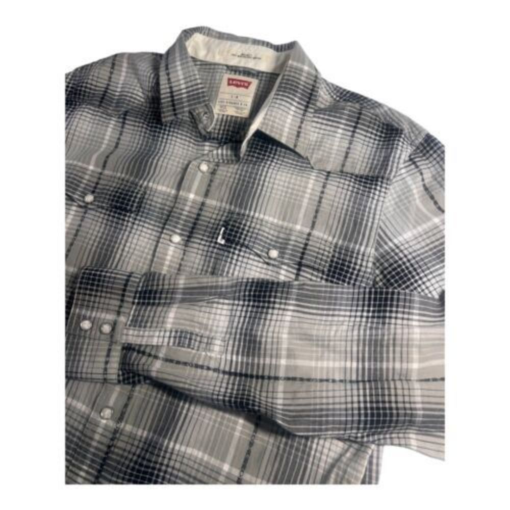 Levi's Men's Pearl Snap Plaid Western Long Sleeve Shirt  Grey/White‎ Plaid Large